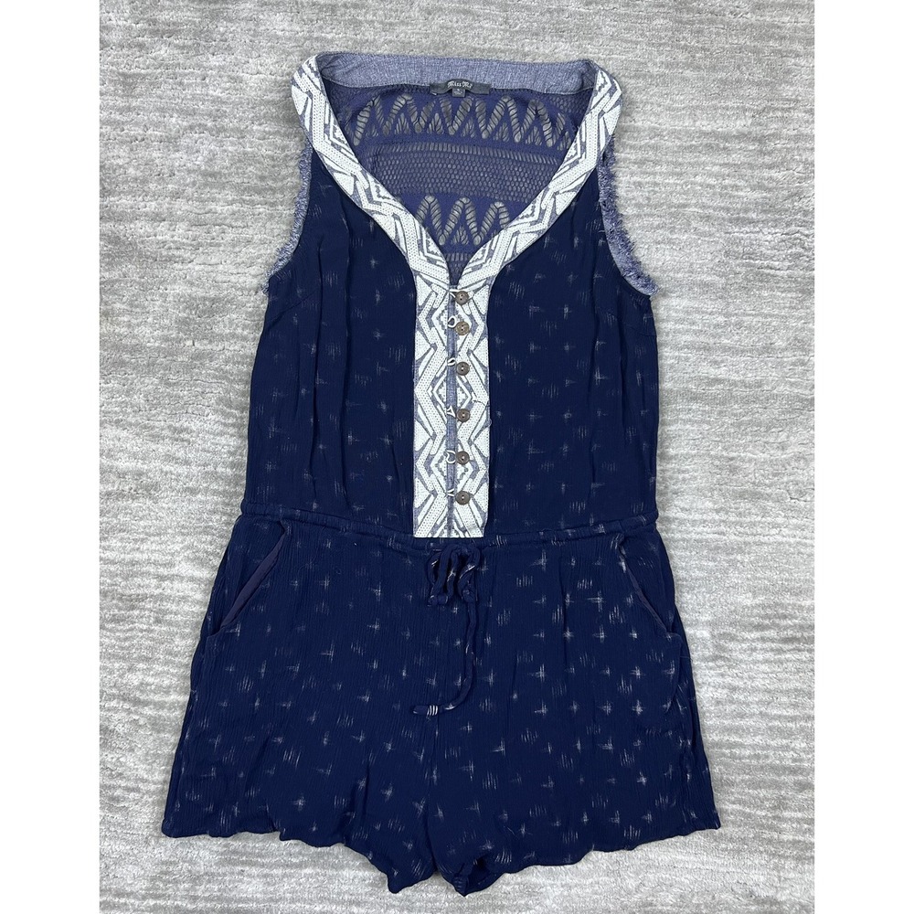 Miss Me Romper Womens S Blue‎ Crochet Back Boho Button Front MDP141T Sleeveless